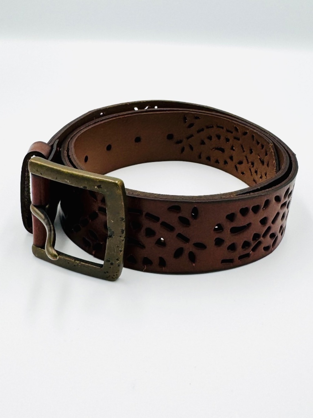 Vintage Eddie Bauer Belt Women's L Brown Leather Floral Cutout Aged Brass Buckle